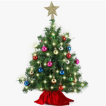 artificial Christmas tree with decorations, tree skirt and a tree topper