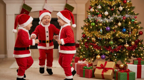 toddlers dressed as Santa dancing next to a christmas tree